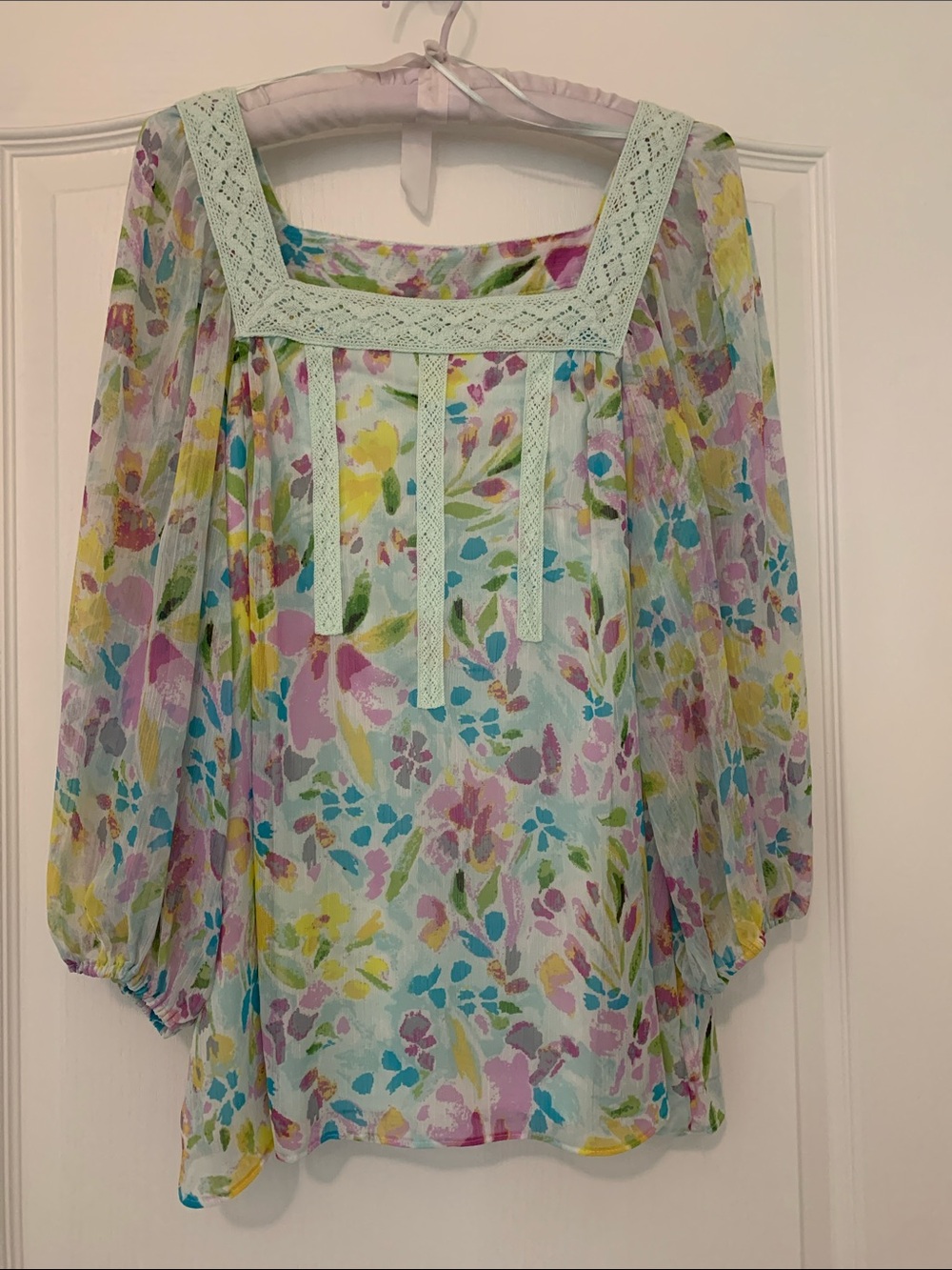 LC Lauren Conrad Mint Pastel Floral Square-Neck Blouse